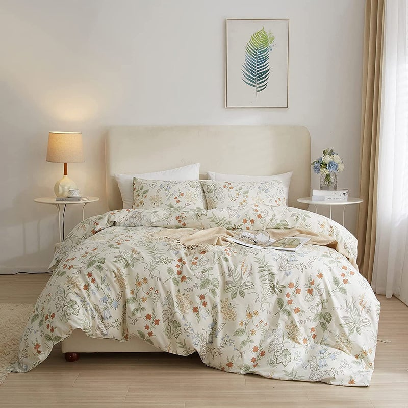 AMWAN Vintage Floral Duvet Cover Queen Garden Style Botanical Bedding Sets 100% Cotton White Floral Comforter Cover Chic Flower Leaf Botanical Duvet Cover Floral Queen Comforter Cover Set - Image 1
